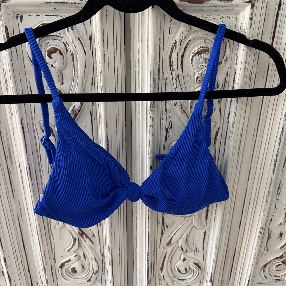 Salty Honey Ready or Not Knotted Blue Ribbed Bikini Top